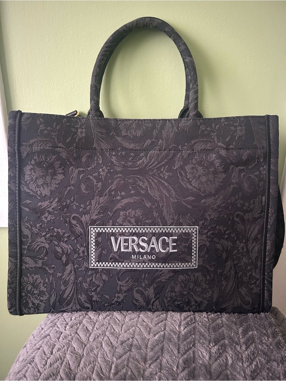 NWT Versace Large Black Jacquard Barocco Athena Tote